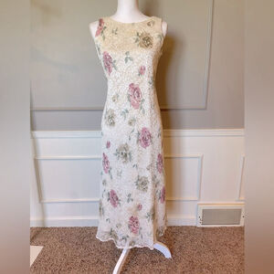 Vintage 90s Teddi Dresses slip dress 6 Ivory floral lined boho feminine maxi